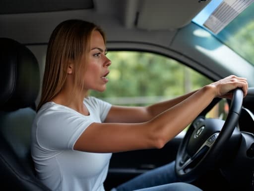 30대 초반의 백인 여성이 편안한 티셔츠와 청바지를 입고, 운전대에 손을 얹고 분노한 표정을 짓고 있는 반신 사진. 배경은 컴퓨터 모니터와 책들이 배치된 온라인 강의실로, 학습 환경에서의 불만과 긴장감이 강조됩니다.