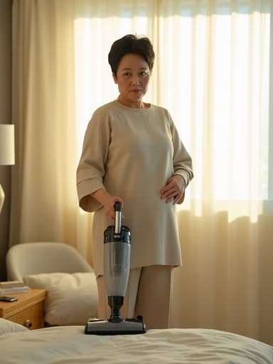 편안한 홈웨어를 입고 청소기를 들고 약간 의기소침한 표정을 짓고 있는 50대 초반 동양인 여성의 반신 사진. 부드러운 햇살이 들어오는 아늑한 침실에서 촬영되었으며, 그녀의 자세는 가사일을 하면서 느끼는 약간의 의기소침함을 반영하고 있습니다. 따뜻하고 초대하는 분위기 속에서 촬영되었습니다.