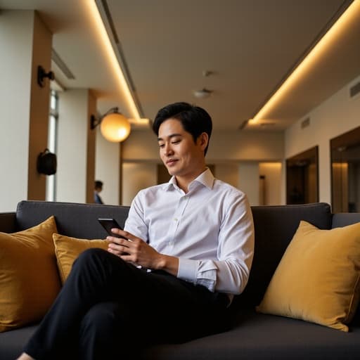 30대 중반 아시아계 남성이 현대적인 커뮤니티 센터의 소파에 앉아 스마트폰을 사용하고 있는 모습이 반신 촬영으로 담겨 있습니다. 깔끔한 셔츠와 캐주얼한 바지를 착용하고 있으며, 고급스러운 표정을 지어 자신감과 세련됨을 나타내고 있습니다. 현대적인 배경이 전체적인 설정을 강조합니다.