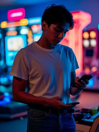 10대 후반의 백인 남성이 자연스러운 외모로 편안한 티셔츠와 청바지를 입고 스마트폰을 바라보며 절망적인 표정을 짓고 있는 반신 사진입니다. 배경에는 다양한 게임기와 화려한 조명이 있는 게임방이 있어 현대적인 모바일 쇼핑의 주제를 강조합니다.