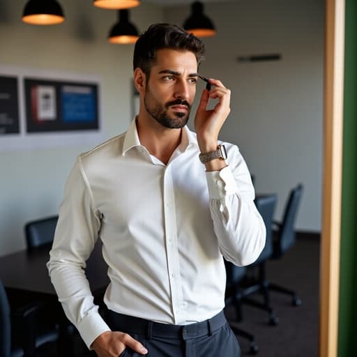 중반 30대의 혼혈 남성이 비즈니스 캐주얼 의상을 입고 현대적인 회의실의 거울 앞에 서서 무표정으로 화장을 하는 모습의 반신 촬영. 배경은 프레젠테이션 자료가 붙어 있는 현대적인 디자인으로 전문적인 분위기를 연출합니다.