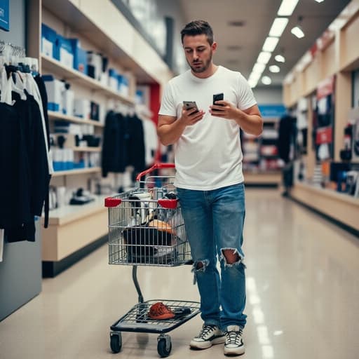 중년의 백인 남성이 캐주얼한 복장을 입고 슬픈 표정을 지으며 전자 매장에서 쇼핑하면서 비디오 통화를 하고 있는 모습의 반신 사진. 배경에는 다양한 전자 제품들이 진열되어 있어 쇼핑 환경을 잘 표현하고 있습니다.