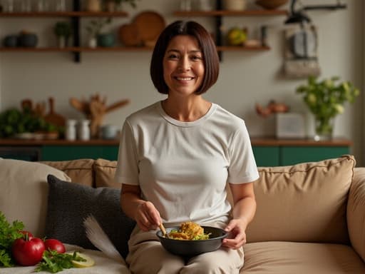 중년의 라틴계 여성이 편안한 티셔츠와 바지를 입고 주방의 소파에 앉아 요리 재료를 손에 들고 있는 모습을 반신 촬영한 이미지입니다. 자연스러운 외모로 차분한 표정을 지으며, 다양한 조리 도구들로 꾸며진 아늑한 주방 배경 속에서 요리 활동에 집중하는 매력적인 분위기를 자아냅니다.