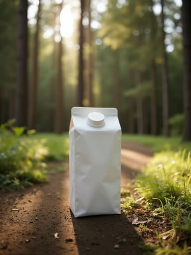 여름 숲속 오솔길에 놓인 우유 팩, 자연광이 비추는 차분하고 신선한 분위기, 고해상도 디테일.