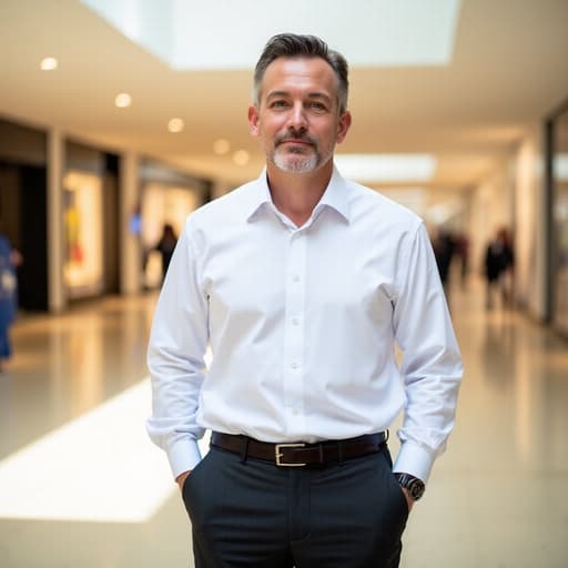 밝고 현대적인 쇼핑몰 내부에서 깔끔한 흰색 셔츠와 어두운 바지를 착용한 40대 중반의 백인 남성이 자연스럽게 서 있는 반신 샷으로, 차분한 표정과 여유로운 자세를 보여줍니다.