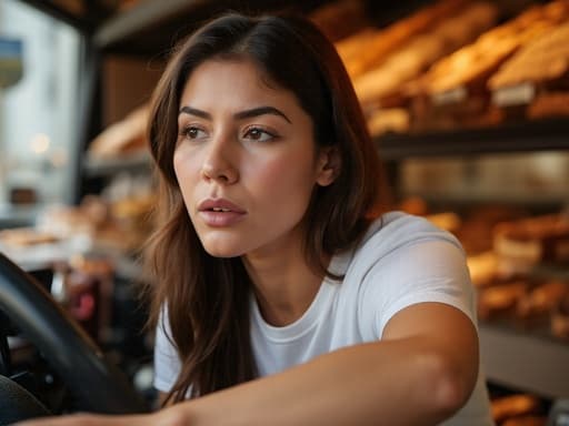10대 후반의 라틴계 소녀가 캐주얼한 티셔츠와 청바지를 입고 아늑한 베이커리에서 앉아 있습니다. 그녀는 운전대 위에 있는 간식들을 바라보며 절망적이고 그리워하는 표정을 짓고 있으며, 주변의 맛있는 빵과 케이크의 매력과 그녀의 감정 상태 간의 대조를 잘 보여줍니다.