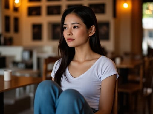 20대 후반 아시아계 여성이 편안한 티셔츠와 청바지를 입고 다리를 뻗고 앉아 주변을 무표정으로 바라보며 친구와 대화할 준비를 하는 모습의 반신 사진이 아늑한 카페 배경에서 촬영되었습니다.