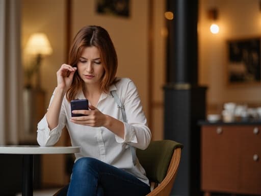 40대 초반의 유럽계 여성의 반신 촬영으로, 캐주얼한 블라우스와 편안한 청바지를 입고 아늑한 카페 스타일의 거실에 앉아 있습니다. 스마트폰을 손에 들고 화면을 뚫어지게 바라보며 실망한 표정을 짓고 있으며, 따뜻하고 매력적인 배경이 그녀의 감정적인 순간에 깊이를 더하고 있습니다.