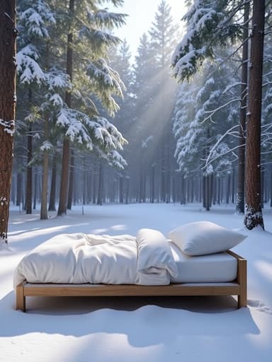 싱글 침대, 눈 덮인 겨울 숲, 평화로운.
