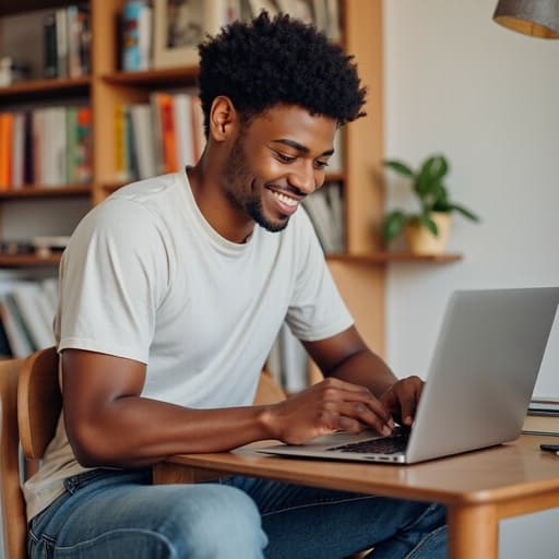 20대 중반의 혼혈 남성이 깔끔한 스터디 데스크에 앉아 편안한 티셔츠와 청바지를 입고 있습니다. 그는 노트북을 뚫어지게 바라보며 밝게 웃고 있으며, 아늑한 스터디룸 안에 정리된 책과 학습 자료들로 둘러싸여 긍정적이고 매력적인 분위기를 만들어내고 있습니다.