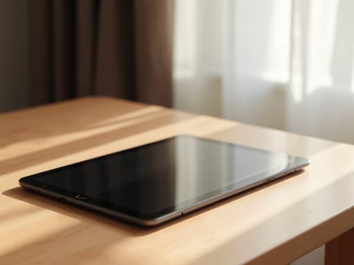 깔끔한 디자인의 태블릿이 밝은 실내의 미니멀한 나무 책상 위에 놓여 있으며, 따뜻하고 아늑한 분위기입니다.