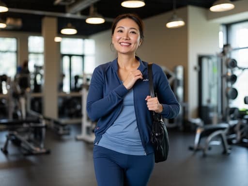 행복한 표정을 지으며 어깨에 가방을 메고 스트레칭하는 40대 초반의 동양인 여성의 반신 사진. 편안한 운동복과 운동화를 착용하고 있으며, 배경에는 운동 기구들로 가득한 헬스장이 자리 잡고 있어 피트니스와 긍정적인 느낌을 잘 전달합니다.