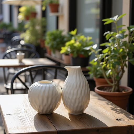 디퓨저, 프랑스 카페 테라스와 비스트로 의자 및 녹색 식물, 부드러운 아침 빛이 부드러운 그림자를 드리우고 있는