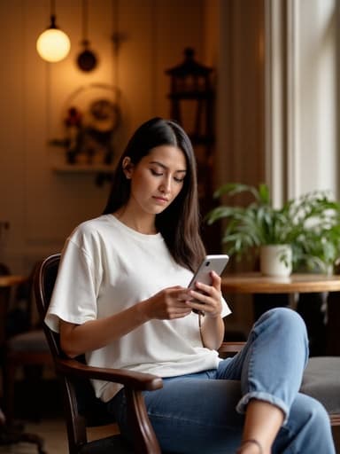 20대 중반의 라틴계 여성은 캐주얼한 티셔츠와 청바지를 착용하고 아늑한 카페에서 반신 샷으로 촬영되었습니다. 그녀는 스마트폰을 손에 들고 소셜미디어에 집중하고 있으며, 무표정으로 집중하는 모습이 드러납니다. 따뜻하고 아늑한 카페의 배경이 편안한 분위기를 더하고 있습니다.