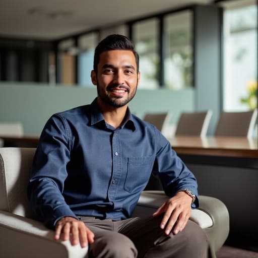 40대 초반의 중동계 남성이 세련된 비즈니스 캐주얼 복장을 하고 현대적인 사무실 환경의 소파에 편안하게 앉아, 자신감 넘치는 미소를 지으며 한 손은 무릎에, 다른 손은 테이블 위에 올려 놓은 모습.