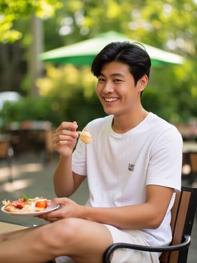 20대 후반의 아시아계 남성이 자연스러운 외모로 반신 촬영된 모습입니다. 그는 야외 레스토랑의 아늑한 테라스에서 피크닉 음식을 즐기며 긍정적인 미소를 지으며 앉아 있습니다. 캐주얼한 티셔츠와 반바지를 입고 편안하게 한 다리를 뻗고 있으며, 주변에는 초대하는 피크닉 음식이 놓여 있습니다. 이 장면은 휴식과 행복의 느낌을 전달하며 자연스러운 조명이 분위기를 더욱 돋보이게 합니다.