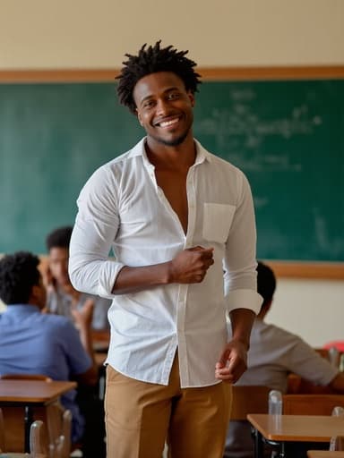 30대 중반의 아프리카계 남성이 편안한 캐주얼 셔츠와 바지를 입고 교실에서 자신감 있는 자세로 미소를 지으며 옷과 상호작용하고 있습니다. 배경에는 학생들이 앉아 있고 칠판과 책상이 보이며, 영감을 주는 교육적인 환경을 조성하고 있습니다.