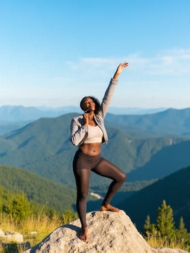 이미지에는 편안한 운동복과 얇은 재킷을 입은 30대 중반의 아프리카계 여성이 산 정상에서 스트레칭을 하며 화장하는 모습이 담겨 있습니다. 그녀는 자신감과 여유로움을 드러내며, 푸르른 산과 맑은 하늘이 배경으로 펼쳐져 있어 힘과 평온함의 분위기를 만들어냅니다.