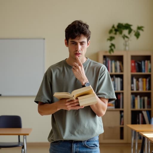 10대 후반의 유럽계 남성이 자연스러운 외모로 편안한 티셔츠와 청바지를 입고 있는 모습이 반신 촬영으로 담겼습니다. 그는 책을 읽으며 한 손으로 페이지를 넘기고 다른 손은 턱에 괴고 있어 짜증난 표정을 짓고 있습니다. 배경은 책상, 화이트보드, 책장이 있는 교실로, 학문적인 분위기를 더합니다.