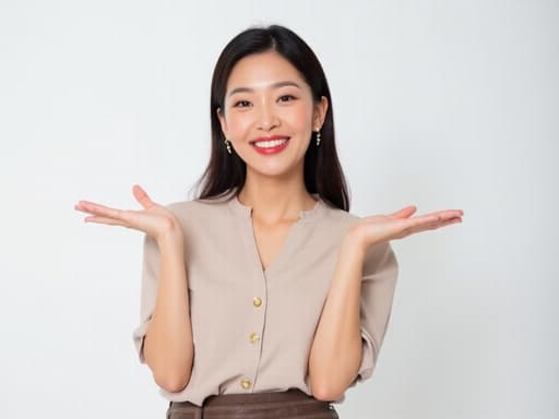 트렌디한 블라우스와 스커트를 입고 우아한 귀걸이를 착용한 30대 중반의 한국인 여성이 반신 촬영으로 포착되었습니다. 그녀는 긍정적인 미소를 지으며 손을 펼쳐 자신감 있는 포즈를 취하고 있으며, 깨끗하고 세련된 스튜디오 배경이 그녀의 패셔너블한 존재감을 강조합니다.