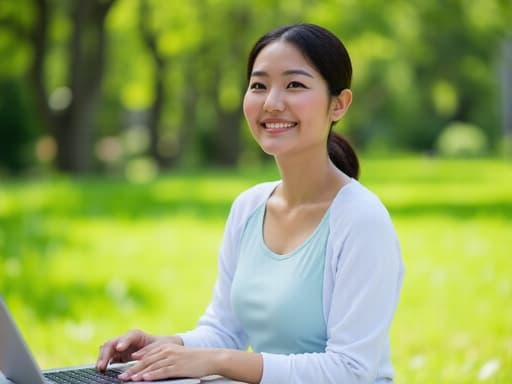 40대 초반의 아시아계 여성이 부드러운 파스텔톤의 운동복을 입고 푸른 공원에서 노트북을 사용하며 편안하게 앉아 있습니다. 자연스럽고 건강한 외모를 지닌 그녀는 매력적인 미소를 지으며 자신감 넘치는 자세를 취하고 있습니다. 주변의 푸른 잔디와 나무들이 이 장면의 평화롭고 매력적인 분위기를 더해줍니다.