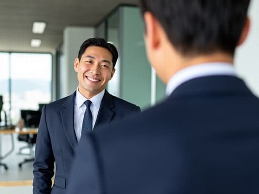 40대 초반의 자신감 넘치는 한국 남성이 세련된 비즈니스 정장과 클래식한 넥타이를 착용하고 거울을 보며 자신의 모습을 점검하는 장면으로, 현대적인 사무실 배경과 도시 경관이 조화를 이루고 있습니다.