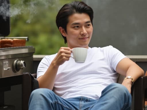 한 젊은 아시아 남성이 캐주얼한 흰색 티셔츠와 청바지를 입고 의자에 앉아 커피를 음미하며 우아한 표정을 짓고 있습니다. 그의 배경에는 그릴에서 연기가 피어오르는 활기찬 바베큐장이 있어 여유롭고 초대하는 분위기를 자아냅니다.
