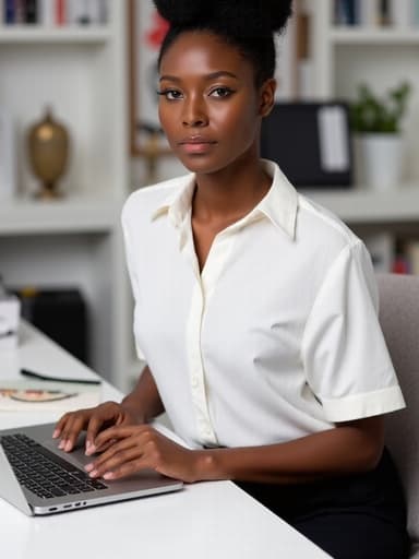 20대 후반의 자신감 있는 아프리카계 여성의 반신 사진으로, 깔끔한 화이트 블라우스와 블랙 팬츠를 입고 현대적인 사무실 공간에서 노트북 앞에 앉아 문서를 작성하며 세련된 모습과 능숙함을 보여줍니다.