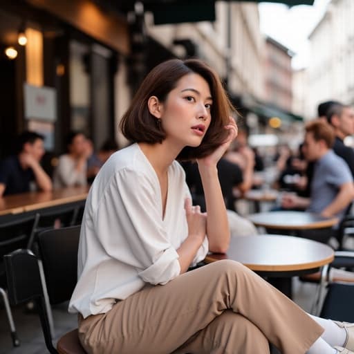 바쁜 거리의 카페 테라스에 앉아 있는 30대 초반 아시아계 여성의 반신 촬영. 그녀는 자연스러운 외모로 캐주얼한 블라우스와 슬랙스를 입고 있으며, 당황한 표정을 지으며 손으로 머리를 살짝 만지며 주변을 살펴보고 있습니다. 배경에는 다른 사람들이 소통하며 즐거운 분위기가 가득합니다.