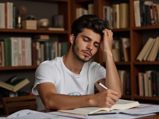 20대 초반의 중동계 남성이 편안한 티셔츠와 청바지를 입고 아늑한 공부방의 테이블에 앉아 있습니다. 그는 피곤한 표정을 지으며 언어 학습 자료를 바라보며 필기를 하고 있습니다. 배경에는 책장과 다양한 학습 도구들이 있어 학구적인 분위기를 자아냅니다.