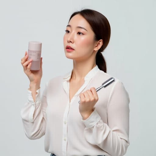 30대 후반의 동양인 여성이 캐주얼한 블라우스와 청바지를 입고 한 손에 화장품을 들고 다른 손에는 청소 도구를 잡고 놀란 표정을 짓고 있습니다. 배경은 깔끔하고 현대적인 스튜디오 환경으로, 전체적으로 생동감 넘치는 분위기를 연출합니다.