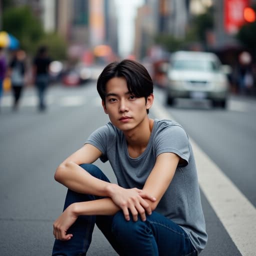 20대 초반의 동양인 남성이 편안한 티셔츠와 청바지를 입고 바닥에 앉아 있는 모습의 반신 사진입니다. 한쪽 팔로 무릎을 감싸고 있으며, 차가운 표정을 지어 거리를 느끼게 합니다. 배경에는 사람들과 차량이 오가는 소음이 가득한 거리 풍경이 펼쳐져 있어 그의 차분한 모습과 대조를 이루고 있습니다.