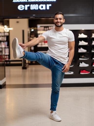 30대 초반의 중동계 남성이 스타일리시한 청바지와 티셔츠를 입고 매력적인 미소를 지으며 한쪽 발을 높이 들어 신발을 신는 자세가 반영된 반신 사진. 세련된 쇼핑몰 내부에서 다양한 브랜드의 신발들이 진열된 배경이 조화를 이루며 생동감 넘치고 고급스러운 분위기를 연출합니다.