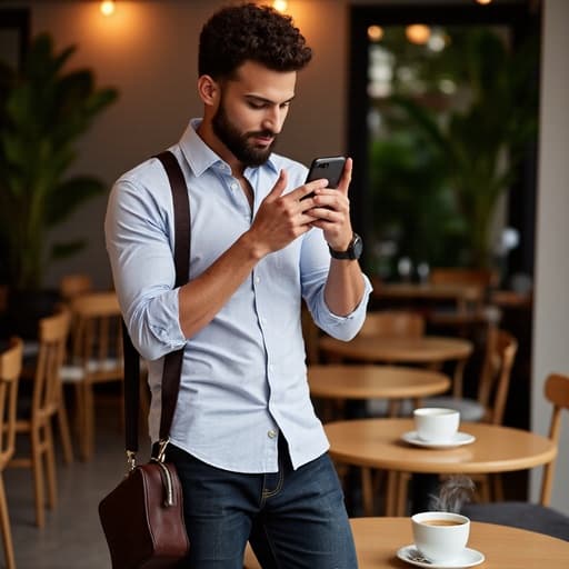 30대 초반의 혼혈 남성이 자신감 넘치는 표정으로 스마트폰을 이용해 비디오 통화를 하고 있는 모습이 반신 촬영으로 담겨 있습니다. 캐주얼한 셔츠와 청바지를 입고 어깨에 세련된 가방을 메고 있으며, 아늑한 카페의 따뜻하고 매력적인 배경 속에 테이블과 갓 내린 커피가 놓여 있습니다.