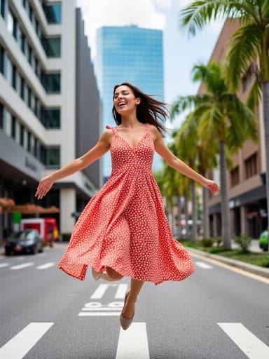 20대 중반의 자신감 넘치는 백인 여성이 세련된 여름 원피스를 입고, 도시의 세련된 거리에서 즐겁게 점프하고 있는 모습. 배경에는 고급스러운 도시 풍경이 펼쳐져 있으며, 우아함과 생동감의 본질을 담고 있습니다.