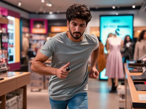 30대 중반의 라틴계 남성이 캐주얼한 복장을 하고 화장품을 들고 달리는 모습이 담긴 반신 샷입니다. 피곤한 표정은 약간의 스트레스를 나타내며, 생동감 넘치는 패션 매장의 트렌디한 화장품과 패션 아이템들이 이미지의 역동적인 느낌을 강조합니다.