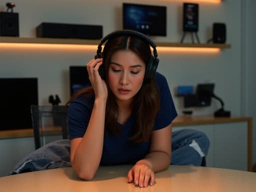 30대 후반의 라틴계 여성이 편안한 티셔츠와 청바지를 입고, 슬픈 표정을 지으며 음악에 몰입하고 있는 모습의 반신 촬영입니다. 회의실 테이블에 손을 올리고 헤드폰을 착용하고 있으며, 다양한 전자기기가 진열된 전자매장에서 감정이 고조된 순간을 포착하고 있습니다.
