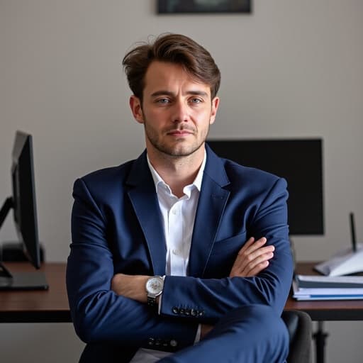 20대 중반의 유럽계 남성이 깔끔한 화이트 셔츠와 네이비 블루 재킷을 입고 현대적인 사무실 책상에 앉아 있습니다. 무관심한 표정이며 약간 지친 느낌을 주며, 팔짱을 끼고 한쪽 다리를 다른 쪽 다리 위에 교차시킨 모습입니다. 배경은 컴퓨터와 정리된 서류가 있는 현대적인 사무실 환경으로, 편안하면서도 전문적인 분위기를 자아냅니다.
