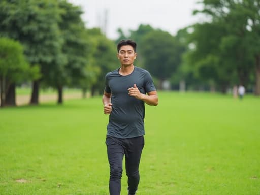 운동복을 입은 젊은 동양인 남성이 푸르고 넓은 공원에서 달리기를 하며 걱정스러운 표정을 지으며 누군가에게 손을 흔들고 있다. 배경은 푸른 잔디와 나무로 구성되어 있으며, 평화롭고도 활동적인 분위기를 연출하고 있다.