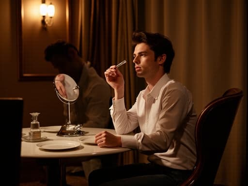 우아한 다이닝룸에서 화장하는 30대 후반의 백인 남성을 반신 상으로 담은 이미지로, 편안한 셔츠와 세련된 청바지를 착용하고 있으며, 거울을 바라보며 차분한 표정을 짓고 있는 모습입니다. 아늑한 분위기 속에서 집중하는 모습이 잘 드러납니다.