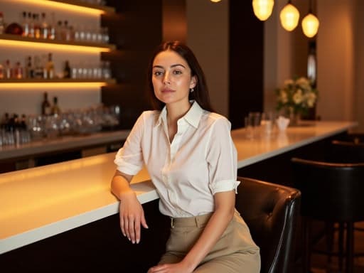 10대 후반의 유럽계 여성이 세련된 블라우스와 슬랙스를 입고 현대적인 바에 앉아 자신감 넘치는 고급스러운 표정을 짓고 있습니다. 아늑한 조명이 현대적인 바 내부의 초대하는 분위기를 더욱 돋보이게 하며, 그녀는 음료를 기다리고 있습니다.