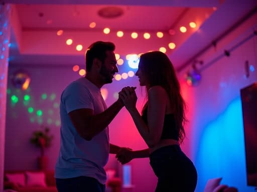 20대 중반의 라틴계 남성과 그의 파트너가 캐주얼한 옷을 입고, 화려한 장식과 조명이 가득한 파티룸에서 함께 스트레칭하며 즐거운 순간을 공유하고 있습니다. 그들의 자연스러운 표정은 편안함과 행복을 드러내며, 손을 잡고 있는 모습이 친밀한 분위기를 만들어냅니다.