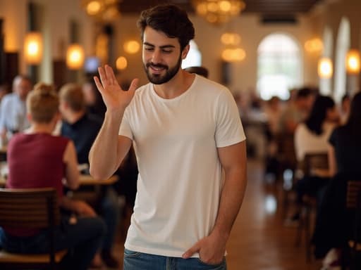 20대 후반의 매력적인 중동계 남성이 캐주얼한 티셔츠와 청바지를 입고 아늑한 카페 환경에서 반신 촬영된 모습입니다. 그는 편안하고 자유로운 표정을 지으며 다양한 사람들과 소통하며 손을 흔들며 인사하는 자세를 취하고 있습니다. 배경은 부드러운 조명과 함께 다른 손님들이 시간을 즐기는 따뜻하고 초대하는 분위기로 구성되어 있으며, 공간에서의 사회적 상호작용과 연결성을 강조하고 있습니다.