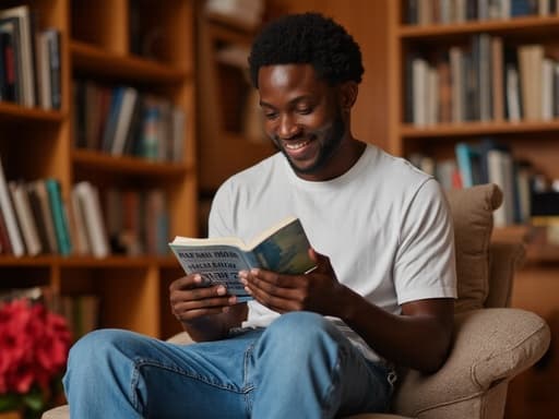 이미지는 20대 중반의 아프리카계 남성이 반신샷으로, 편안한 티셔츠와 청바지를 입고 자연스럽게 미소를 지으며 책을 읽고 있는 모습을 담고 있습니다. 아늑한 공부방에 책장이 가득 차 있고, 따뜻한 조명이 초대하는 분위기를 더욱 부각시켜 그의 집중하고 참여하는 태도를 잘 보여줍니다.