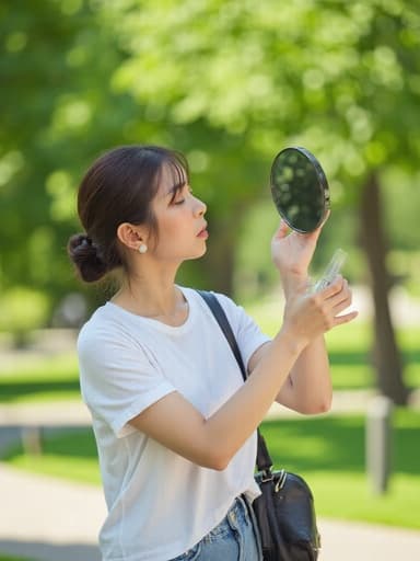 20대 초반의 한국인 여성이 편안한 티셔츠와 청바지를 입고 반신 촬영된 모습입니다. 그녀는 거울을 바라보며 화장품을 바르는 자세를 취하고 있으며, 피곤한 표정이지만 여유로운 느낌을 주고 있습니다. 배경은 푸른 나무와 잔디가 가득한 평화로운 공원으로, 전체적인 분위기를 더욱 고요하게 만들어줍니다.