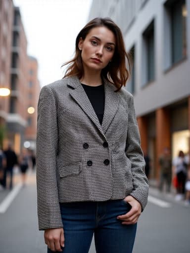 현대적인 도시 거리 배경에서 트렌디한 체크 패턴 재킷과 청바지를 입고, 무관심한 표정을 지으며 자연스럽게 손을 내린 자세의 10대 후반 유럽계 여성의 반신 사진. 세련되면서도 무심한 분위기를 전달합니다.