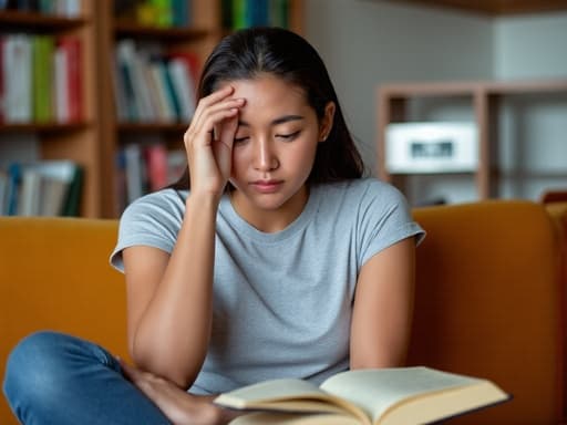 편안한 티셔츠와 청바지를 입고 소파에 앉아 있는 10대 후반 유럽계 여성의 반신 샷입니다. 그녀는 불안한 표정을 짓고 있으며, 이마에 손을 대고 집중하지 못하는 모습을 보이고 있습니다. 배경은 다양한 학습 자료가 가득한 잘 정리된 책장이 있는 아늑한 학습 공간으로, 그녀의 감정 상태를 강조합니다.