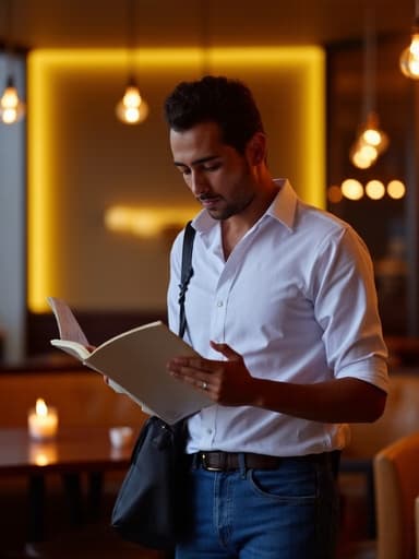 30대 후반의 중동계 남성이 자연스러운 외모를 지닌 채 캐주얼한 셔츠와 청바지를 입고 있습니다. 그는 스트레스를 받은 듯한 표정으로 메뉴를 살펴보며 한쪽 어깨에 가방을 메고 있으며, 아늑한 레스토랑의 부드러운 조명과 촛불이 켜진 테이블이 있는 분위기 속에 있습니다.