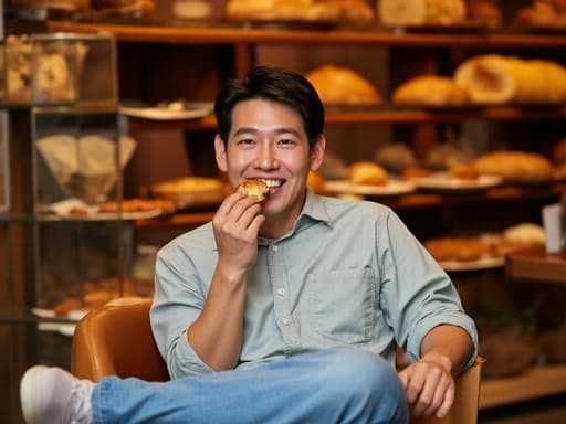 30대 후반 아시아계 남성이 아늑한 베이커리에 앉아 맛있는 빵을 한 입 베어 물며 미소 짓고 있는 모습, 다양한 빵과 디저트가 진열된 따뜻하고 초대하는 배경이 함께 어우러진다.