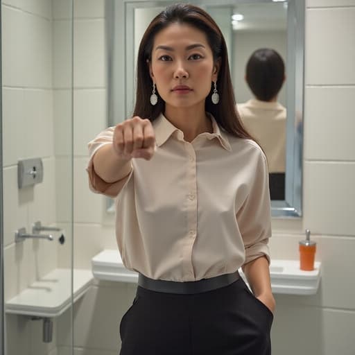 현대적인 화장실에서 세련된 블라우스와 슬랙스를 입고 큰 귀걸이를 한 40대 중반 아시아계 여성의 강렬한 초상입니다. 화난 표정으로 입술을 내밀고 눈썹을 찌푸린 모습이 주먹을 쥔 방어적인 자세와 어우러져 세련된 화장실 배경 속에서 강한 분위기를 만들어냅니다.